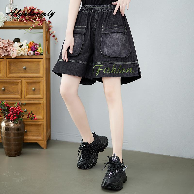 

Летние женские повседневные свободные широкие шорты с высокой талией, черные шорты с вышивкой букв, винтажные мешковатые рваные джинсовые стильные шорты с карманами XL чёрный