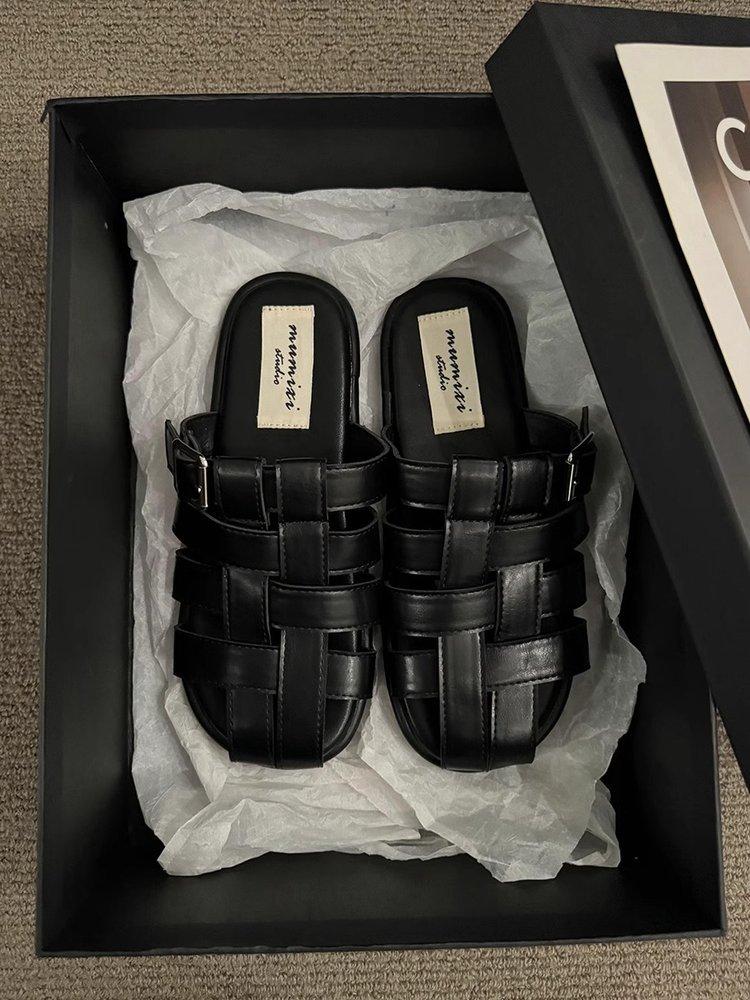 Office Slippers, Women Wear A Slip-on Summer 2024 New Baotou Black, Silver Woven Semi-drag Casual Sandals, Women's Shoes