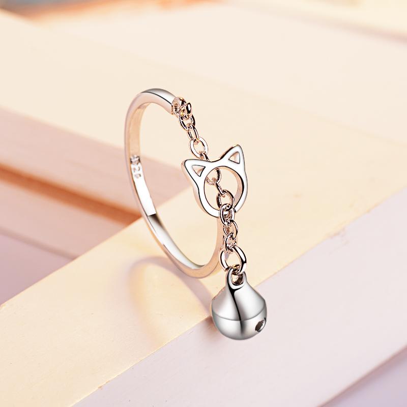 925 Silver New Cute Simple Fashion Cat Head Chain Dangler Bell Ring Unique Opening Adjustable Statement Jewelry For Women