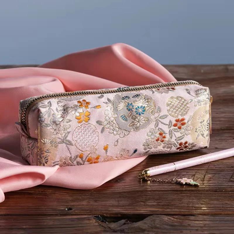 Vintage Embroidery Pencil Case Art Flower Bird Silk Brocade Pen Bags School Supplies Household Sundry Storage Pouch Kids Gifts