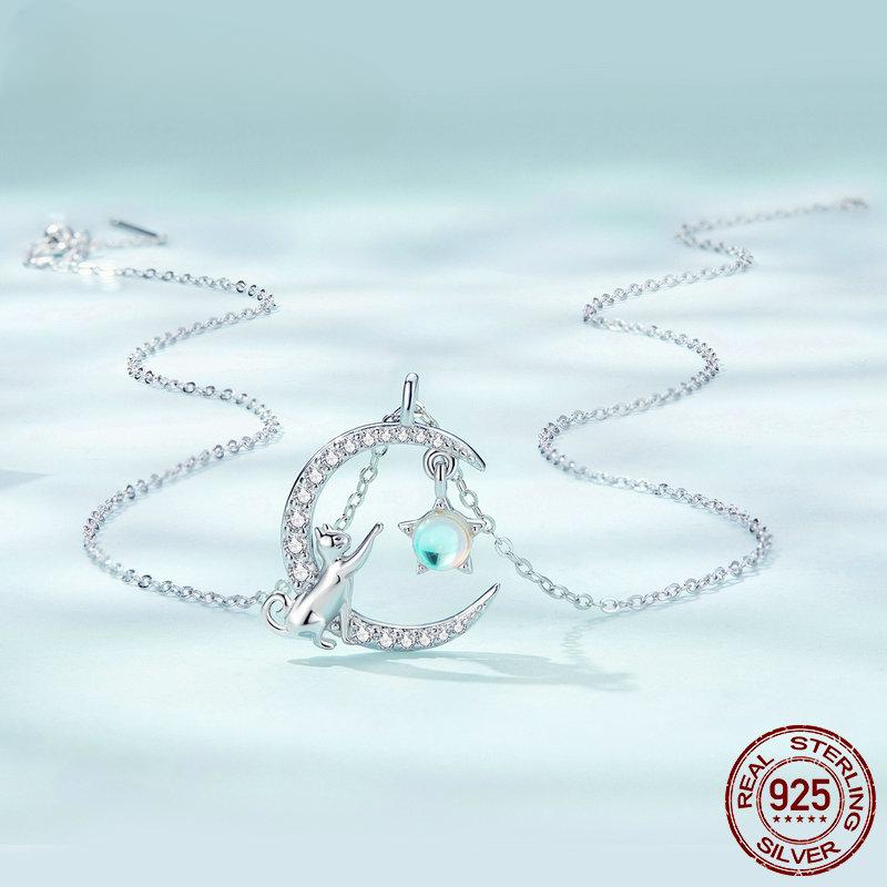 New Arrival Genuine 925 Sterling Silver Cat Moon Cute Animal Pendant Necklaces Women Silver Jewelry Gift