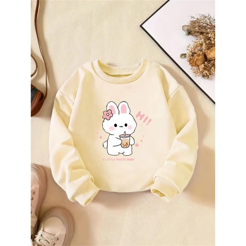Kids Crewneck Sweatshirt, Cute Little Rabbit Animal Graphic Print, Soft Stylish Pullover Tops for Spring & Autumn