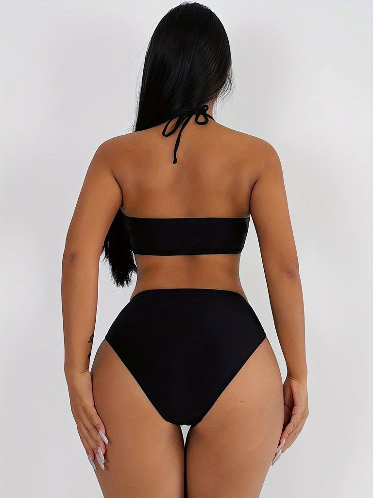 1011 European and American new solid color black bikini split swimsuit set neck tether sexy women's swimsuit