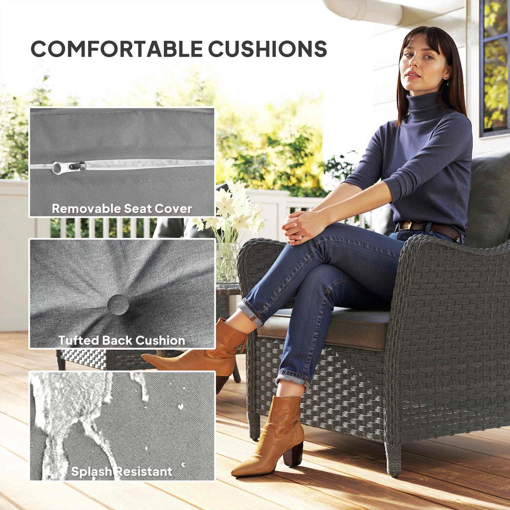 Rattan Garden Chairs Set of 2, Outdoor Rattan Chairs with Cushions, Armrests and High Back, PE Wicker Garden Armchair with Steel Frame for Balcony