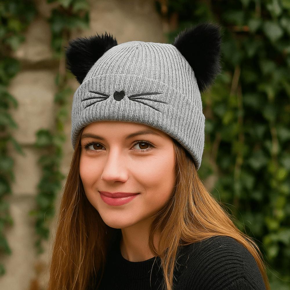 Einfarbige Katzenohren Mützen Wolle Kaltmütze Lässige Strick-Pullovermütze Mädchen