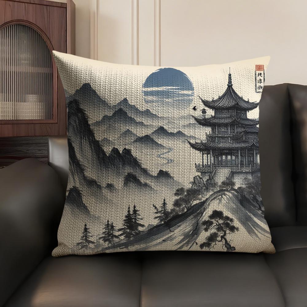 Chinese Ink Painting Style Pillow Case Natural Linen Organic Fabric Double-Sided Printing Sofa Home Decor Gift Cushion Cover