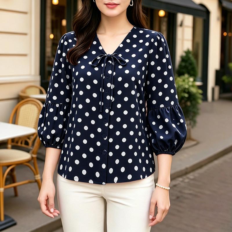 

ZANZEA Women Casual V-Neck 3/4 Sleeve Loose Polka Dot Print Blouse M темно-синий