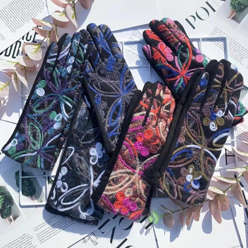 Colorful Pattern Warm Gloves Embroidered Women Mittens Ethnic Style Outdoor Cycling Gloves