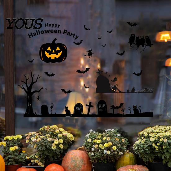 Static PVC Window Film 3Pcs Halloween Clings, Retro Silhouette Pumpkin Bat Ghost Castle Holiday Party Glass Decorations Decals, Waterproof Decorative