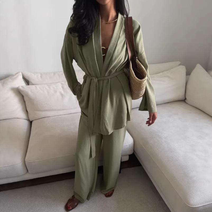 Women's Autumn Casual Two-Piece Set: Waist-Cinching Belted Cardigan & Long Pants