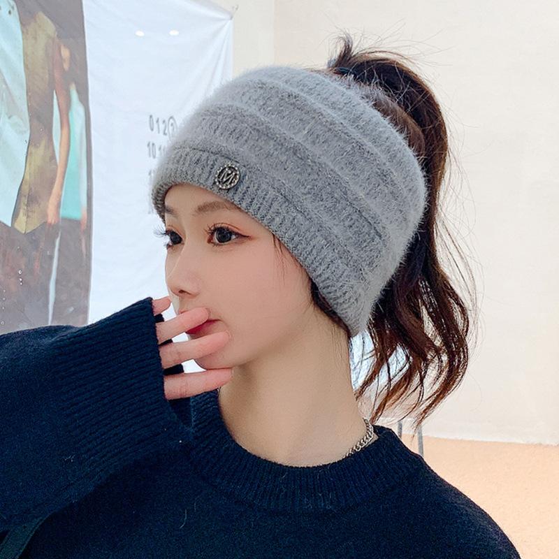 Empty Top Headband Hat Women's Autumn and Winter Warm Knitted Wool Hat Versatile Internet Celebrity Ponytail Tide