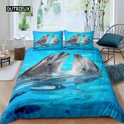 Kid Dolphin Duvet Cover Set King Size Cute Dolphin Marine Life Comforter Cover Microfiber Blue Wave Decor Quilt Cover for Teens Three-piece Set