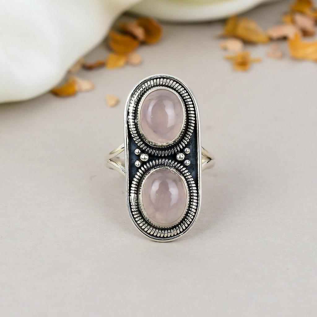 Rose Quartz 925 Sterling Silver Pink Gemstone Handmade Jewelry Ring For Women