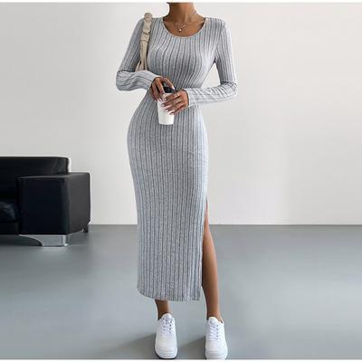 Women Spring Autumn Casual Dress Solid Color Knitted Dress Sexy Slim Elegant Retro Dresses Long Sleeve Round Neck Side Slit Dress