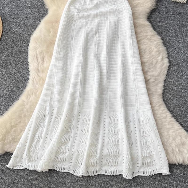 Spring Summer Women Casual Short Sleeve Beading Hollow Out Knitted Sweater Long Maxi Dresses