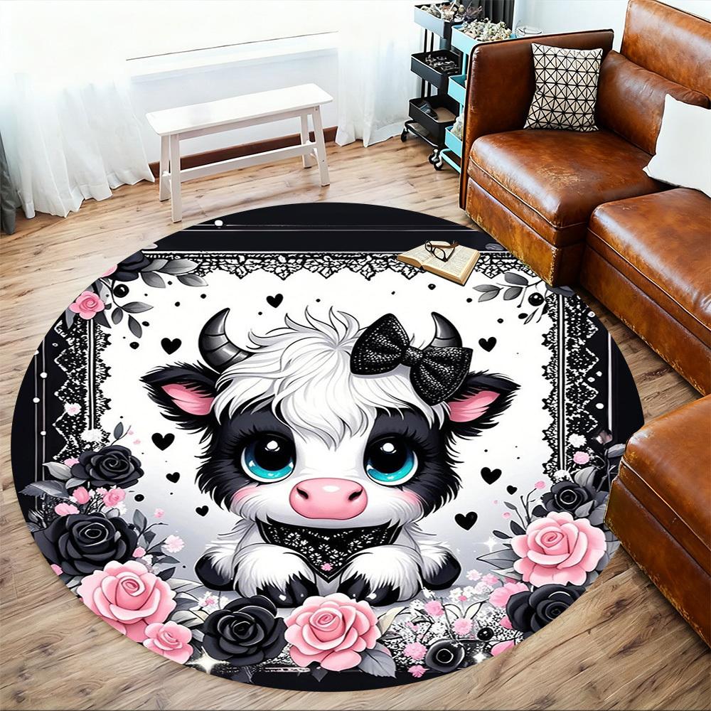 1PC Cow Roses Lace Round Chair mat Area Rug - Non-Slip, Floor Mat for Office, Bedroom, home decor Christmas Gift c0528036