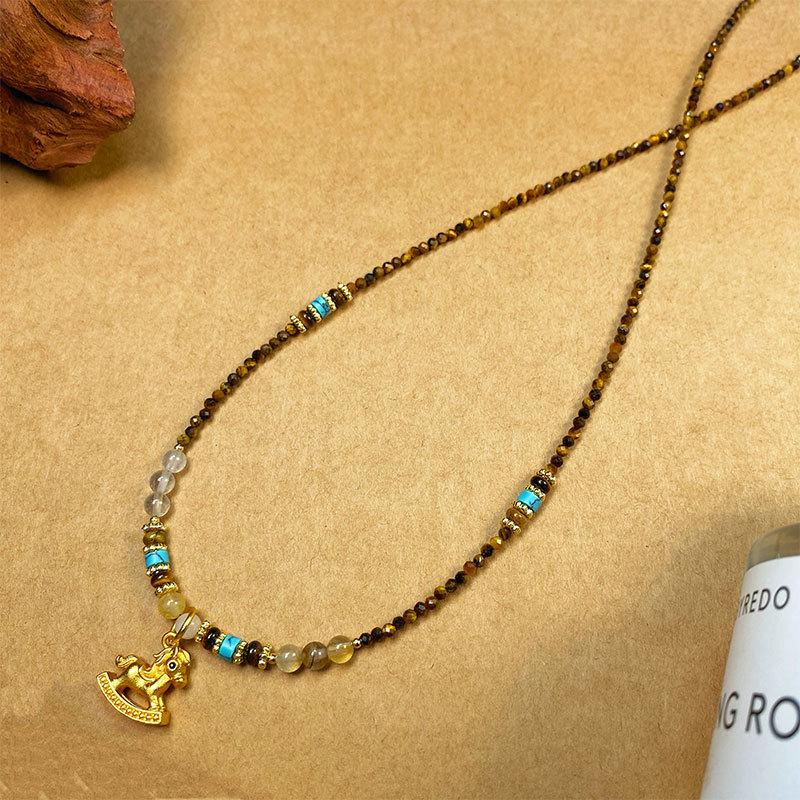 Vintage Tiger Eye Stone Necklace with Gilded Rocking Horse Pendant - 2025 Elegant Design Clavicle Chain.