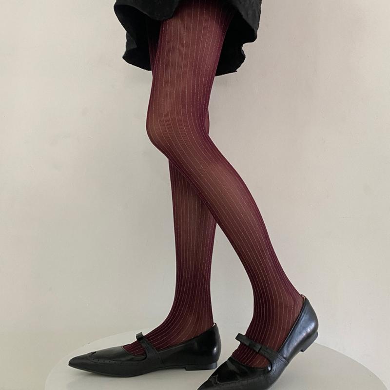 Women Thin Colored Stockings Shimmering Striped Sexy Semi Sheer Pantyhose Tights