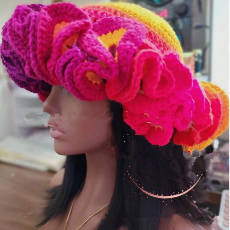 NEW Women Crochet Bucket Hats Y2k Fashion Pleated Ruffles Knitted Hat