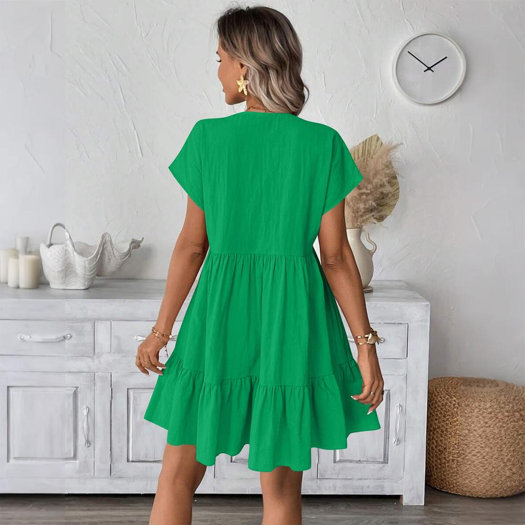 Women's Fashion Casual Slim Covered Sleeve V-Neck Pleated Ruffle Dresses
