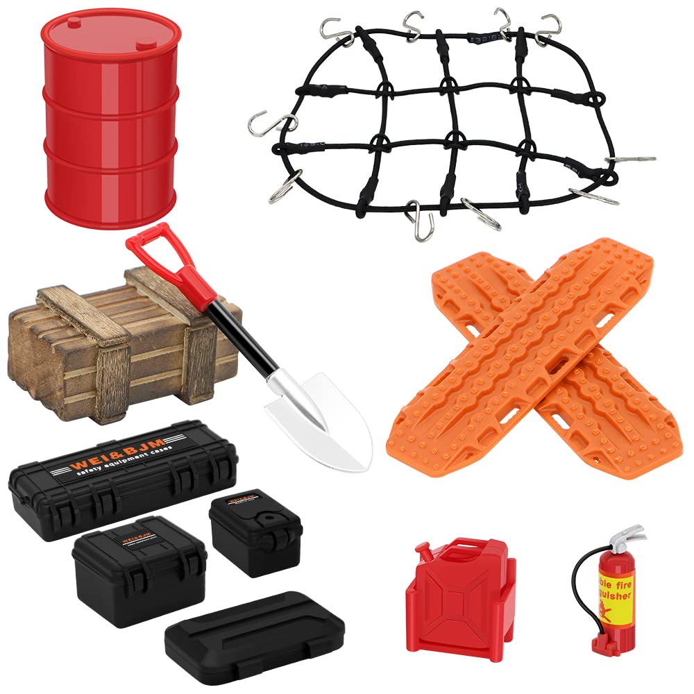 GLOBACT RC Crawler Car Parts Roof Decoration Luggage Net Recovery Board Toolbox Wood Box Shovel for 1/18 TRX4M 1/24 Axial SCX24