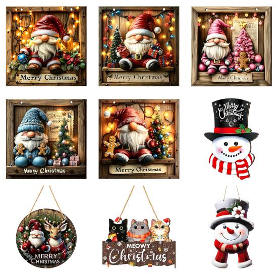 Holiday Decorations for Home Wooden Christmas Hanging Pendant, Snowman/Santa Claus/Gnome Ornament with Natural Wood Accents Hemp Rope Indoor