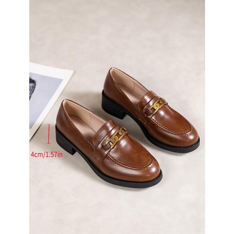 Vintage chain low-top shoes 2025 autumn new plus-size British style mid-heel small leather shoe women