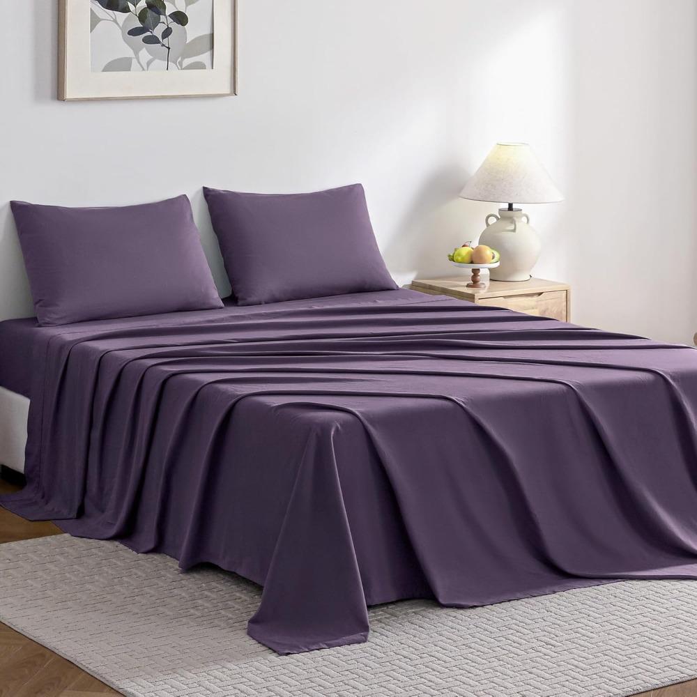 JELLYMONI Sheet Set King Size 4pcs Cotton Purple Easy-Fit 16 Inch Deep Pocket 100% Washed Cotton Soft Breathable (1 Fitted Sheet