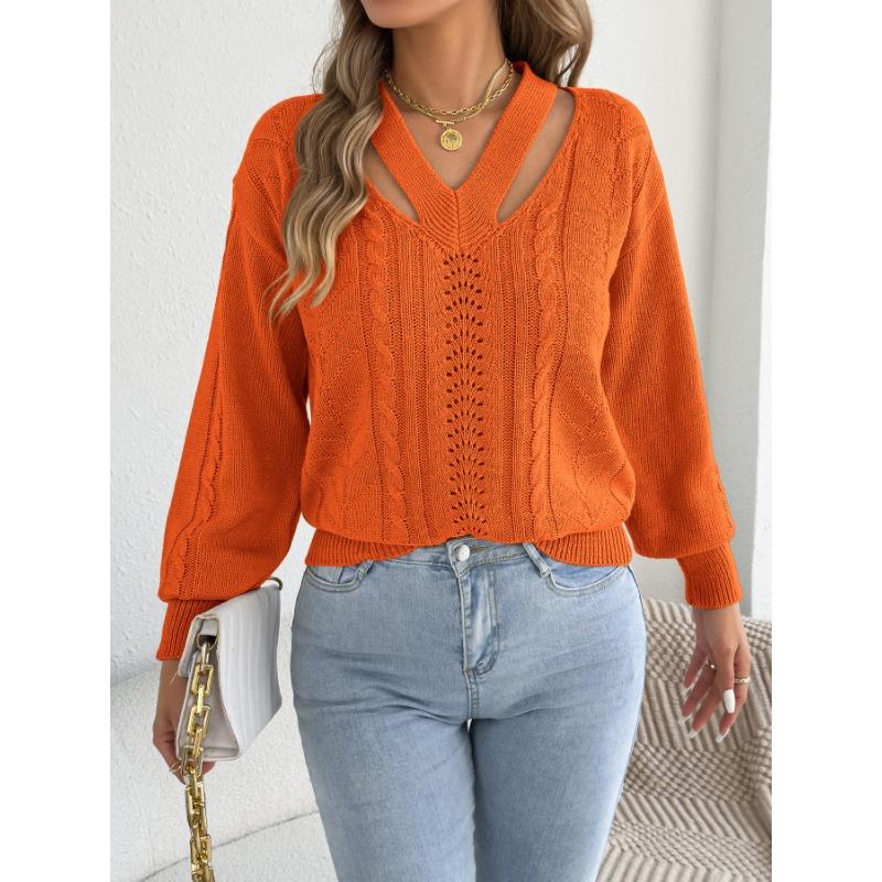 Women S Solid Color V Neck Long Sleeve Hollow Out Sweater