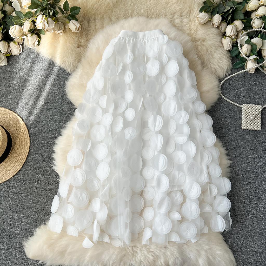 Letní Elegantní 3D Květinová S Vysokým Pasem Puntíky Dlouhá Midi Síťovaná Sukně