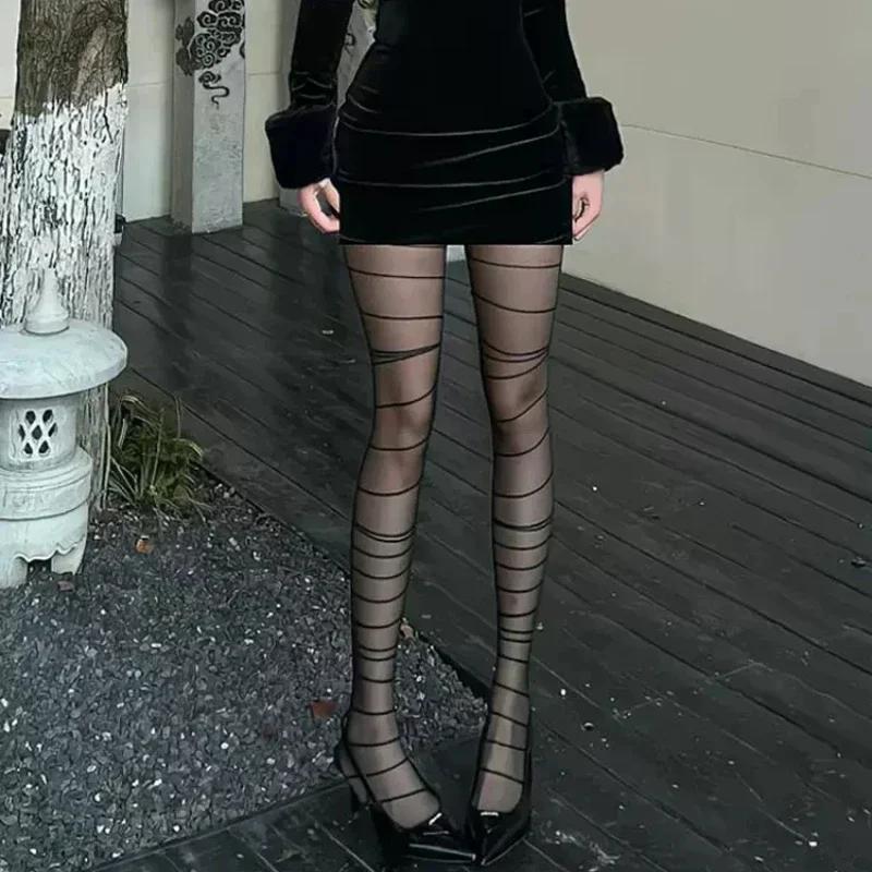 Women Sexy Irregular Striped Tights Lingerie Thigh High Stockings Pantyhose Y2k Girls High Waist Body Stockings Pantyhose Tights