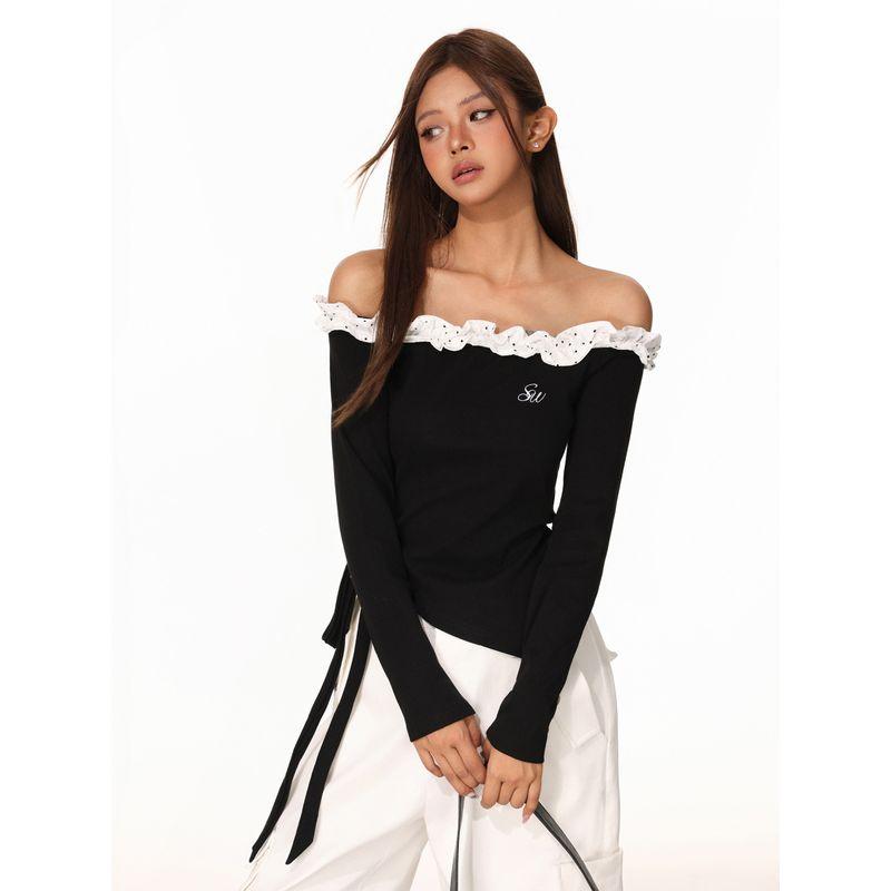 Shiyiyue Pure and Sensual Design Off-Shoulder T-Shirt for Women, Autumn One-Shoulder Color-Block Polka Dot Lace Waist-Cinching Long Sleeve