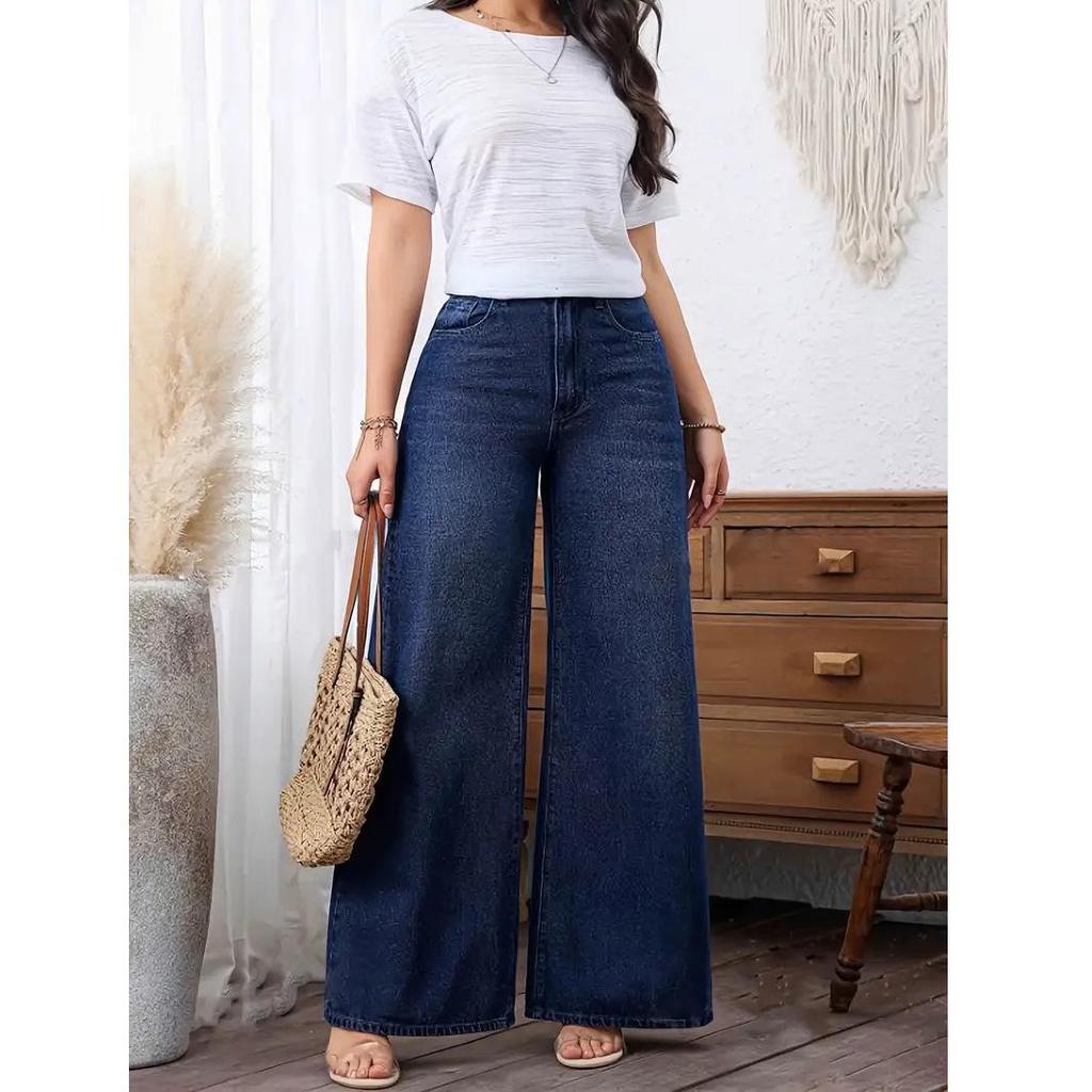 2025 Trendy Women's Wide-Leg Jeans - Washed Dark Blue