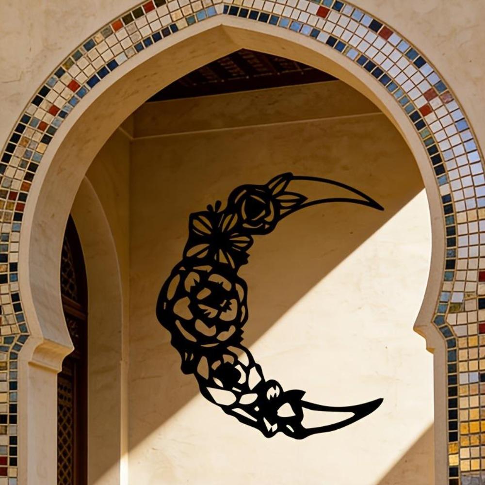Wrought Iron Floral Crescent Moon Wall Decor, Rose Metal Sculpture, Artistic Craft for Wedding Anniversary Gift, Home Art Piece