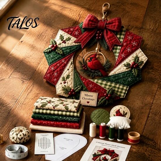 Rustikales Weihnachtsornament-Herstellungs-Stoffkranz DIY-Set, Patchwork Anfängerfreundliches Handgemachtes Feiertagshandwerk Winterbastelaktivität Dekoration Set für