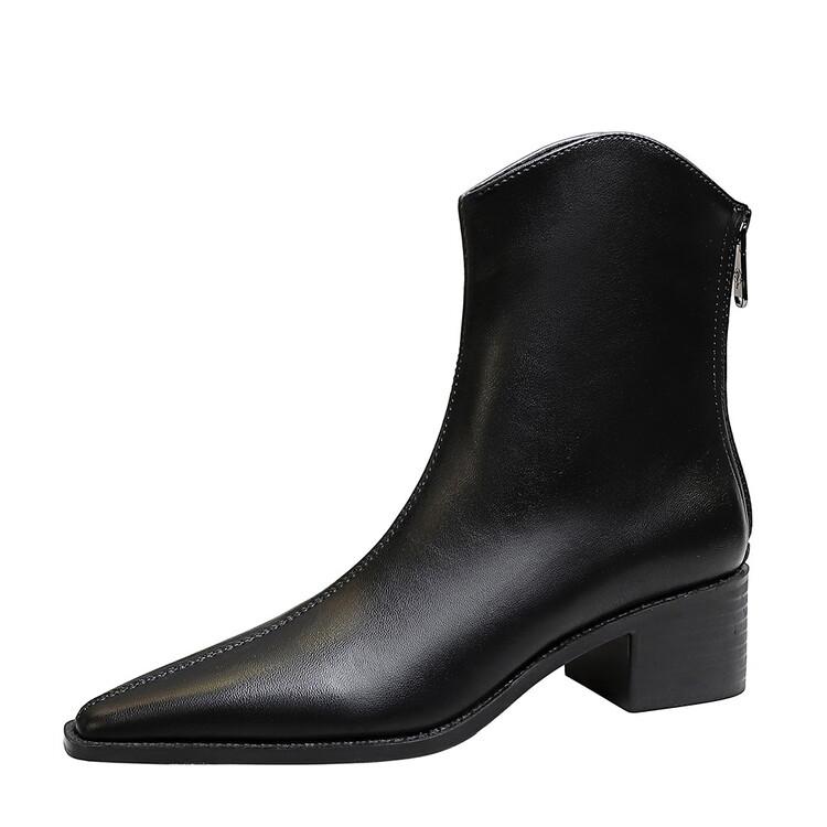 Fashion New Autumn Winter PU Leather Women Boots Fashion Pointed Toe Chelsea Boots for Women Black Short Boots Chunky Heel Botines Mujer