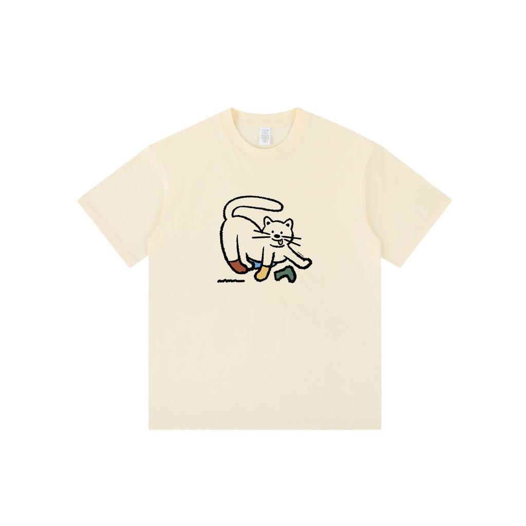 Damen T-Shirt mit japanischem Kätzchen-Print - Reine Baumwolle, Kurzarm, Niedlich und locker geschnitten mit Rundhalsausschnitt