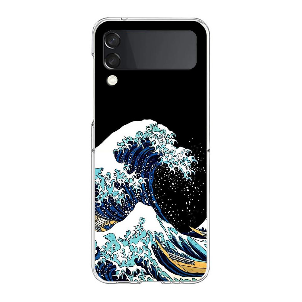 The Big Wave of kanagawa ZFlip5 ZFlip3 Phone Case For Samsung Z Flip 3 5G Transparent Hard Shell Z Flip 4 Galaxy Cover Folding