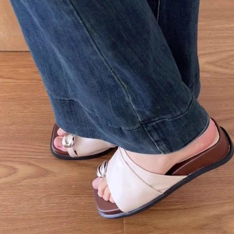 Sheepskin Version Retro Pleated Metal Set Toe Slippers Women's Summer Wear Thick Bottom Not Tired Feet Temperament Cool Slippers