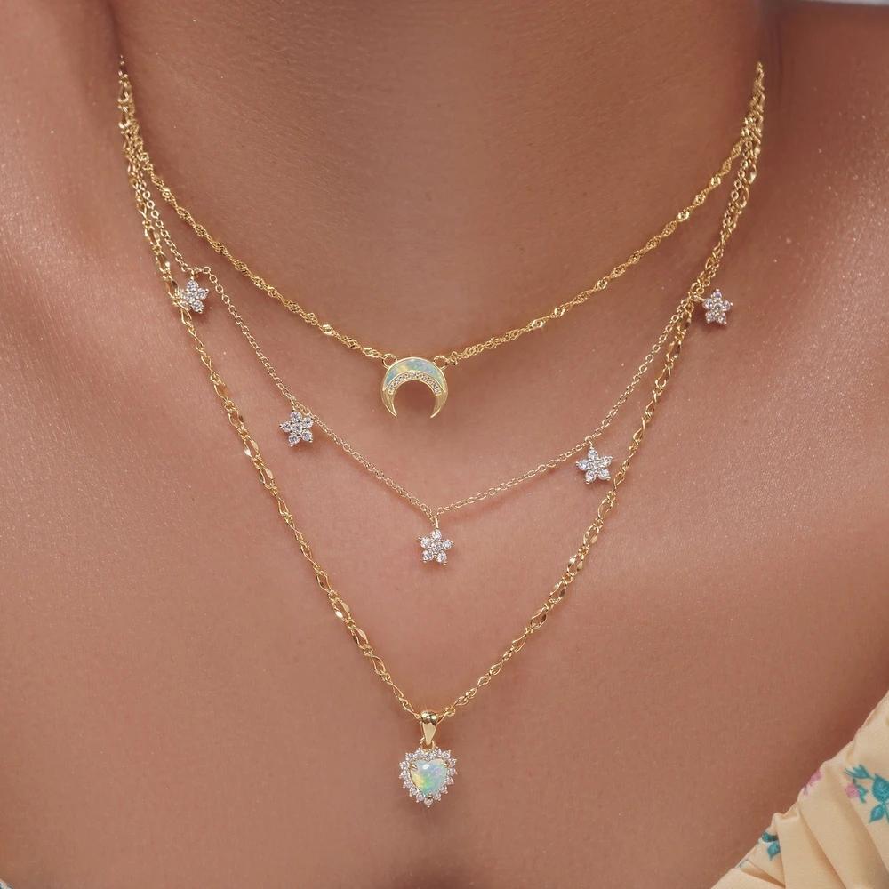 Multi Layer Gold Color Metal Necklace Vintage Love Heart Crystal Necklace Alloy Moon & Crystal Necklace for Women and Girls