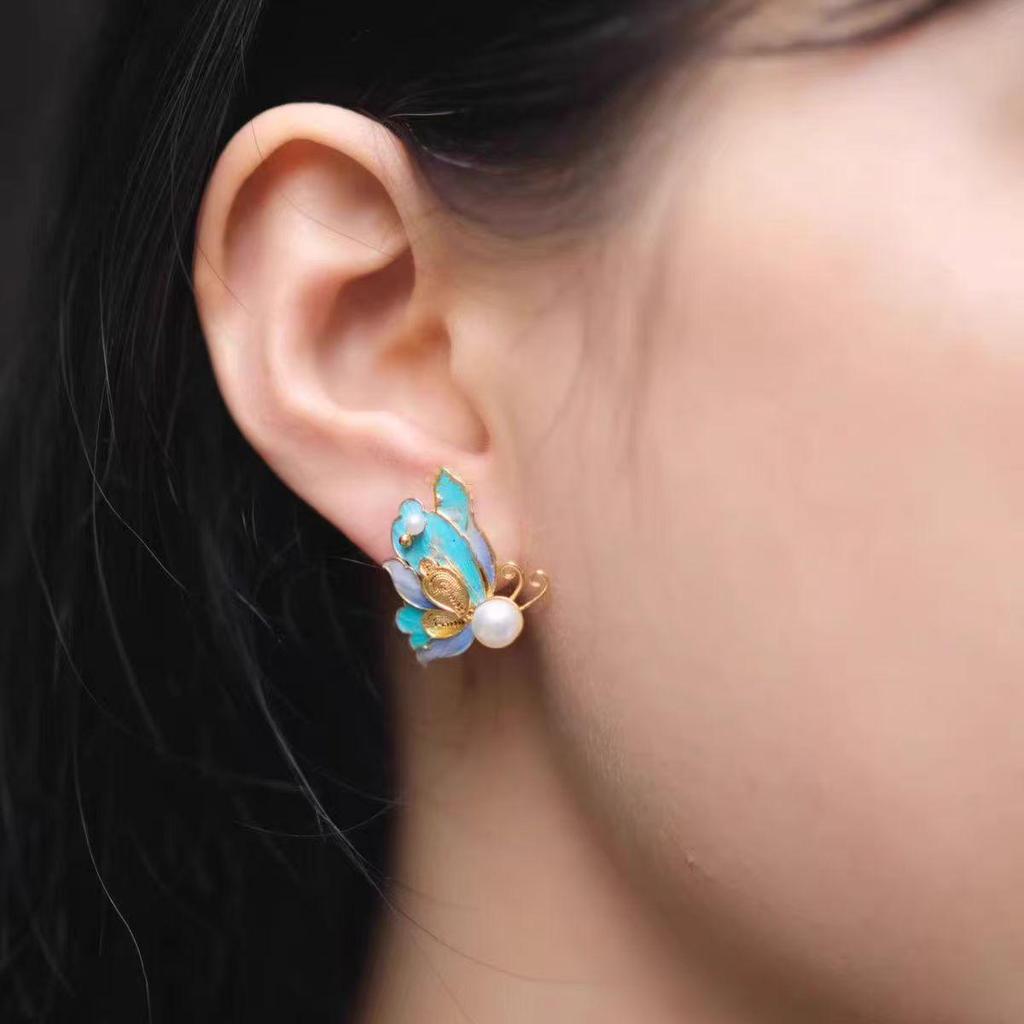 Luxury Court-Style Sterling Silver Filigree Enamel Butterfly Earrings