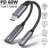 2 In 1 Type C Audio Adapter PD 60W Fast Charging USB C To 3.5mm Jack Adapter for 15/16 Samsung Huawei