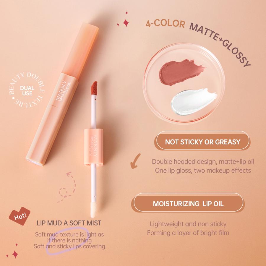 Double Moisturizing Lip Oil with High Pigment Waterproof Lip Mud