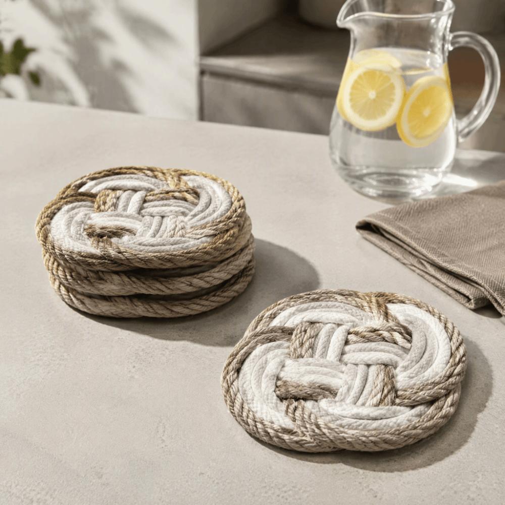 4pcs Braided Design Woven Drink Coasters Round Shape Cotton Coasters For Daily Household Use