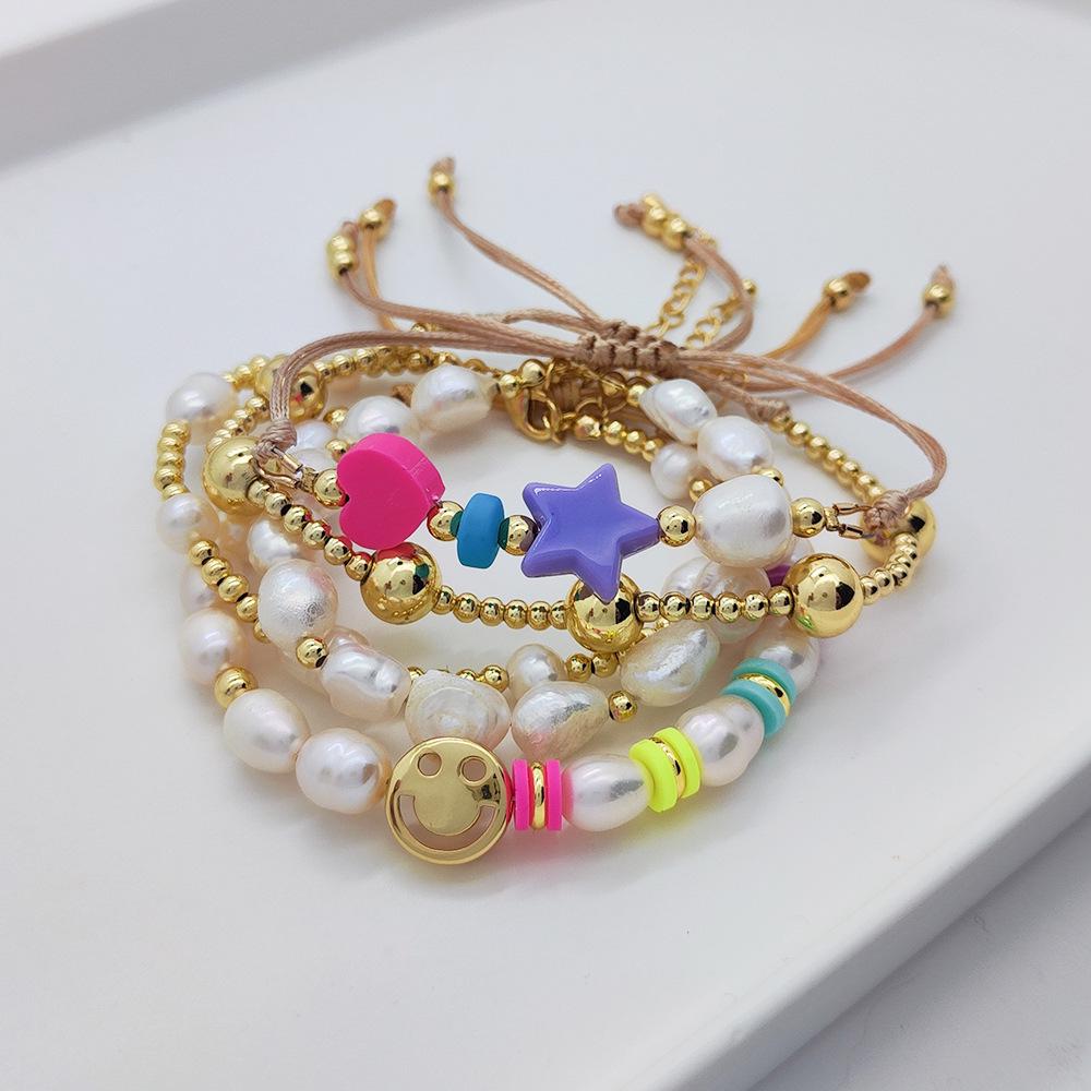 European and American Niche Vacation-Style Layered Women's Bracelet with Pearl, Beads, Smiley Face, and Pig Nose Chain