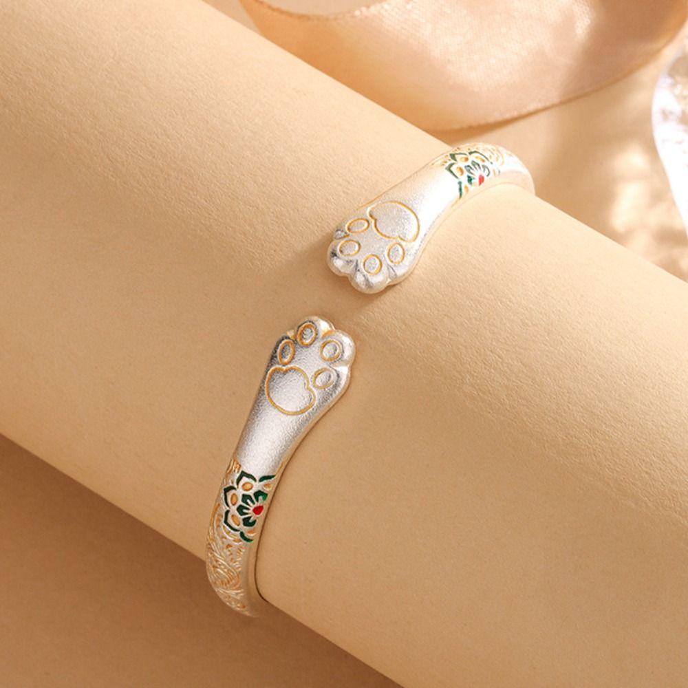 Retro Enamel Flower Bangle Cat Paw Women's Opening Bracelet  Jewelry Gifts