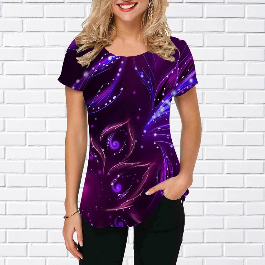 Women Summer T Shirt Colored Lines Print Short Sleeve Tees Casual Printed Tops