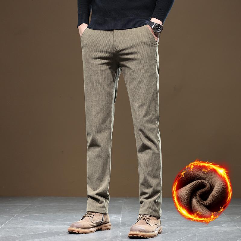 Pánské zimní fleecové teplé manšestrové kalhoty Pánské obchodní módní Slim Fit strečové zateplené šedé khaki chmýří Ležérní kalhoty Pánské