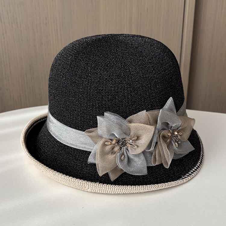 Spring and summer curled top hat, women's thin breathable small edge basin hat, fashionable flower versatile travel sun hat
