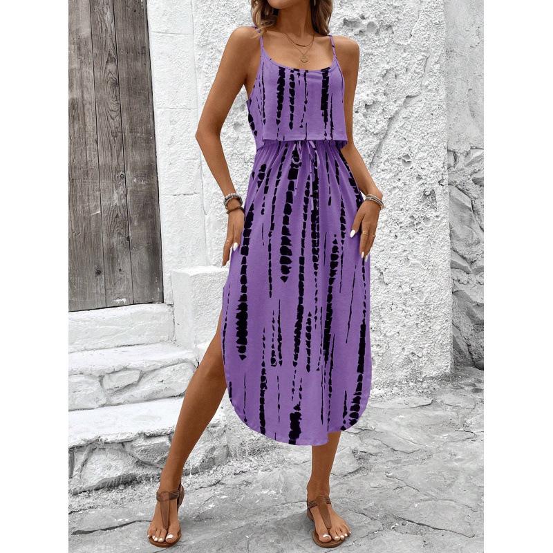 Strappy Printed Dress - Elegant Ink Silk Gauze for Commute and Casual Wear